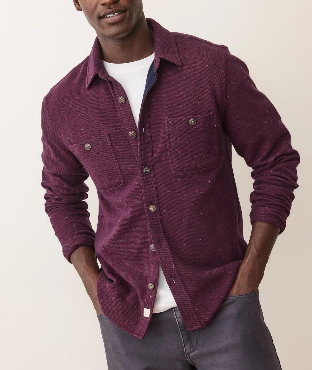 Marine Layer Pacifica Stretch Twill Burgundy Neps Button Up Overshirt S Flannel